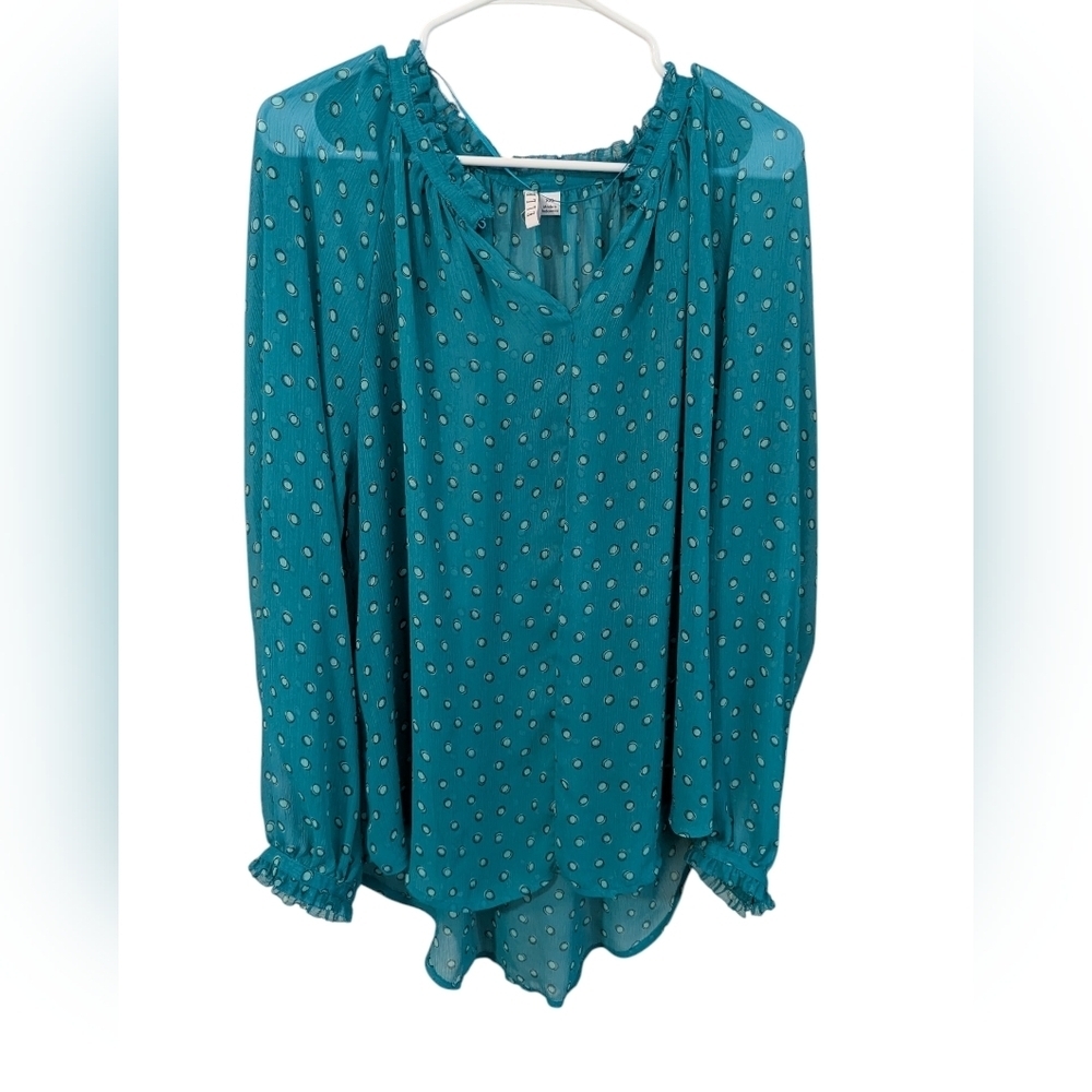 Elle,Teal Polka Dot Women's Top, Size Xxl